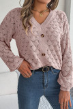 Plain V Neck Button Crochet Knit Sweater