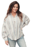 Stripe Oversized Chest Pockets Puff Sleeve High Low Shirt