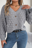 Plain V Neck Button Crochet Knit Sweater