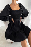 Black Smocked Puff Sleeve Ruffle Mini Dress