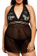 Black Lace Mesh Patch Halter Plus Size Lingerie Set