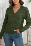 Plain V Neck Turn Down Collar Cable Knit Sweater