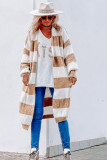 Khaki Striped Colorblock Rib Knit Bubble Sleeve Midi Cardigan