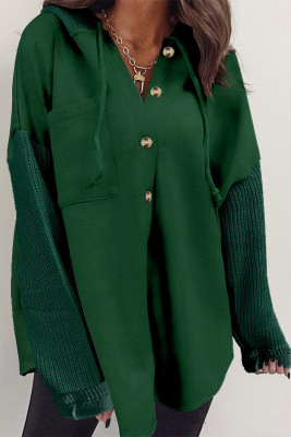 Blackish Green Button Up Contrast Knitted Sleeves Hooded Jacket