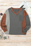 Brown V Neck Color Block Patchwork Loose Pullover