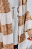 Khaki Striped Colorblock Rib Knit Bubble Sleeve Midi Cardigan