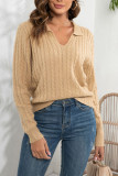 Plain V Neck Turn Down Collar Cable Knit Sweater
