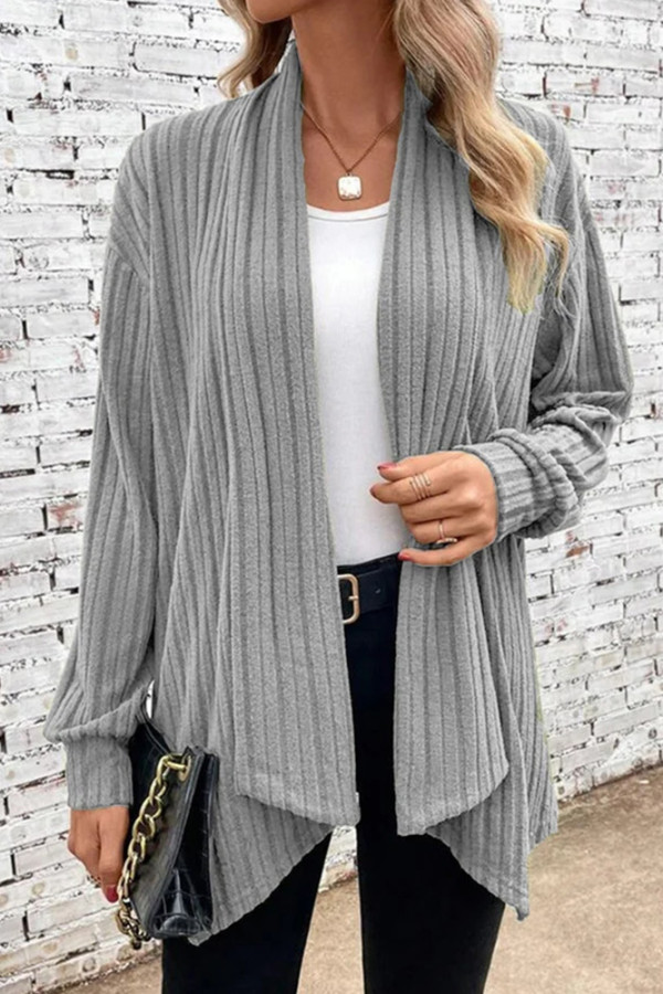 Ribbed Knitting Open Front Cardigan