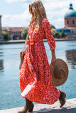 Tomato Red Printed 3/4 Sleeve V Neck Shirt Long Dress with Belt
