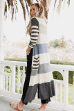 Stripes Mixed Pocketed Split Long Cardigan