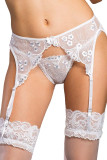 White Sequined Floral Embroidery Garter Belt with Thong