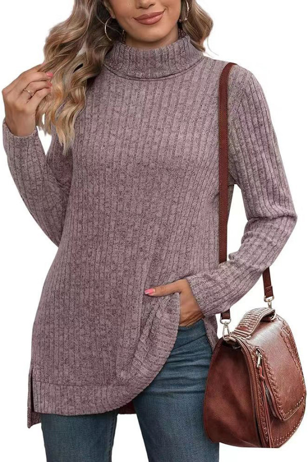 Plain Side Split Turtle Neck Long Sleeves Rib Top Boutique Wholesale