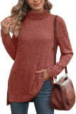 Plain Side Split Turtle Neck Long Sleeves Rib Top Boutique Wholesale
