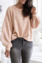 Pink Ribbed Trim Balloon Sleeve Sweater