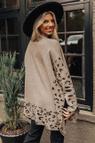 Khaki Plus Size Leopard Patchwork High Neck Sweater