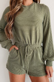 Pickle Green Corded Pullover Long Sleeve Drawstring Romper