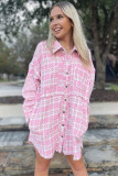 Pink Houndstooth Splicing Oversized Tweed Shacket