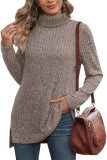 Plain Side Split Turtle Neck Long Sleeves Rib Top Boutique Wholesale