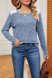 Plain Crew Neck Lace Patchwork Rib Long Sleeves Top