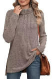 Plain Side Split Turtle Neck Long Sleeves Rib Top Boutique Wholesale