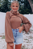 Brown Corded One Shoulder Tank with Puff Sleeve Bolero Set