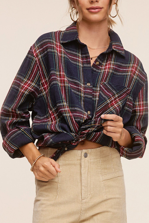 Boutique Clothing Wholesale Women Plaid Pockets Button Up Shirt