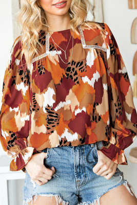 Multicolour Plus Size Abstract Print Puff Sleeve Blouse