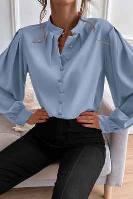 Plain Button V Neck Blouse Shirt 