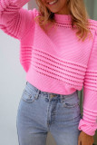 Pink Solid Color Cable Knit Eyelets Mock Neck Sweater