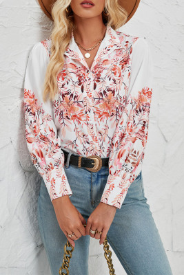 Button Up Floral Print Puff Blouse