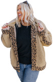 Khaki Plus Size Leopard Trim Button up Sherpa Jacket