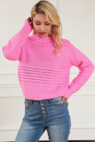 Pink Solid Color Cable Knit Eyelets Mock Neck Sweater