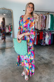 Multicolour Abstract Print High Waist V Neck Maxi Dress