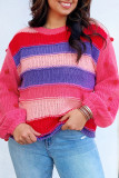 Pink Plus Size Striped Knit Pompom Puff Sleeve Sweater