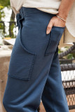 Navy Blue Drawstring Frayed Pockets Jogger Pants