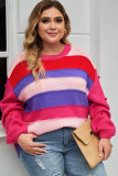 Pink Plus Size Striped Knit Pompom Puff Sleeve Sweater