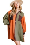 Brown Oversized Colorblock Crinkle Textured Shirt Dress