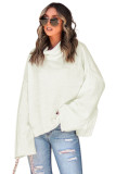 White Expose Seam Turtle Neck Side Slit Oversized Sweater