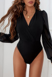 Black Solid Color V Neck Wrap Mesh Sleeves Bodysuit