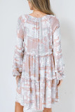 Multicolor Boho Print Long Sleeve Tiered Frilled Mini Dress