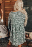 Green Floral Print Collared Puff Sleeve Babydoll Dress