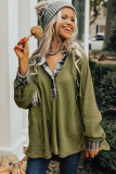 Green Flowy Plaid Accent Waffle Knit Henley Hoodie