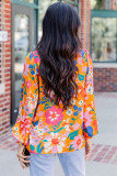 Carrot Floral Print Buttons Front Bubble Sleeve Shirt