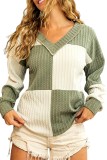 Green Textured Colorblock Long Sleeve V Neck Top