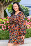 Multicolor Plus Size Smocked Long Sleeve Floral Dress