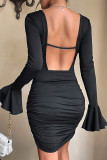 Black Square Neck Front Tie Flare Sleeves Bodycon Dress