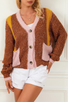 Brown Dual Pockets Colorblock Sweater Cardigan
