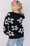 Black Big Flower Knit Ribbed Trim Sweater