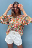 Multicolour Floral Print Lace Splicing Button up Puff Sleeve Shirt