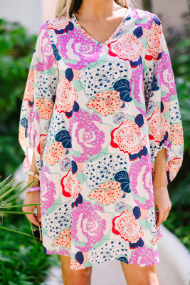Multicolor Bracelet Bubble Sleeve Blooming Flower Print Dress